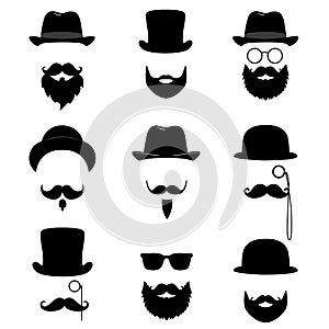 Men`s collection. Mustache, glasses, beard, pipe and top hat.