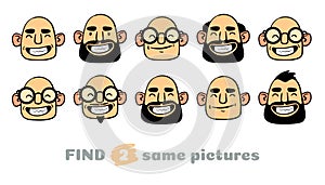 Men`s faces. Find two same pictures.