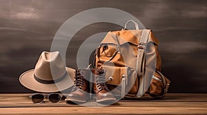 Men's fashion with brown boots, bag, hat, belt and sunglasses on wooden table over wall background. Generative Ai