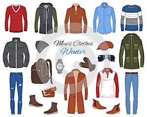 Men`s Fashion set, clothes and accessories. Vector illustration