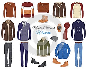 Men`s Fashion set, clothes and accessories, vector illustration