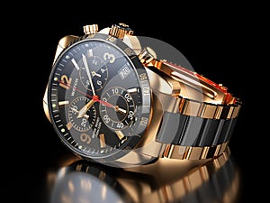 Men`s golden wristwatch on black background. photo