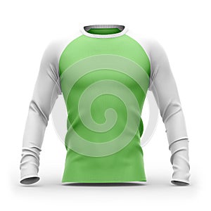 Men`s green t shirt with long white raglan sleeves.