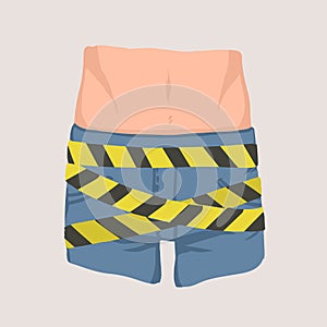 Men`s groin coiled with barricade or caution tape. Concept of impotence, erectile dysfunction or malfunction, inability