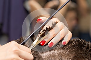 Men`s hair cutting scissors in a beauty salon