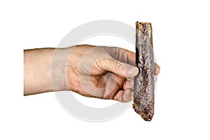 Men`s Hand demonstrates Dried beef esophagus sticks