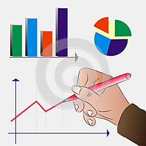 Men`s hand draws a graph of business development