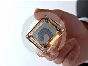Men's hand holding sophisticated electronic microprocessor chip. Hand presenting a microchip with golden connectors