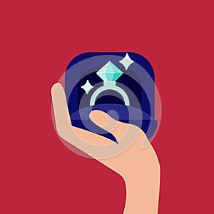 Vector illustration of a hand holding a diamond ring icon