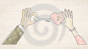 Men`s hand with key from woman`s heart. Vector illustration.