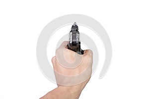 Men's hand with a Semi-automatic 9mm gun isolated on white background