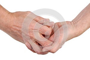 Men`s hands in the fight are intertwined with fingers. Isolated