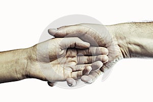 Men`s hands hold the female palm.