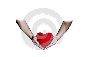 Men`s hands hold heart Valentine` day