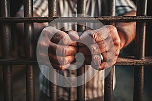 Men's hands rest on the bars of a prison cell. Generative AI