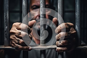 Men's hands rest on the bars of a prison cell. Generative AI