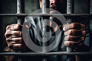 Men's hands rest on the bars of a prison cell. Generative AI