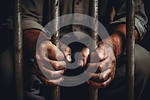 Men's hands rest on the bars of a prison cell. Generative AI