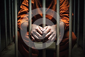 Men's hands rest on the bars of a prison cell. Generative AI