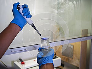 Men`s hands scientists are using aquatic release micropipette into the test tube. The process of research and development in