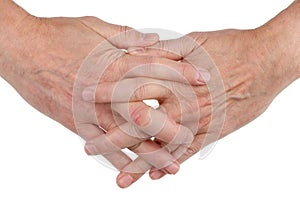 Men`s hands are woven together with fingers as a symbol of frien