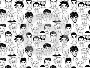 Men`s head seamless pattern background grunge line drawing doodle poster