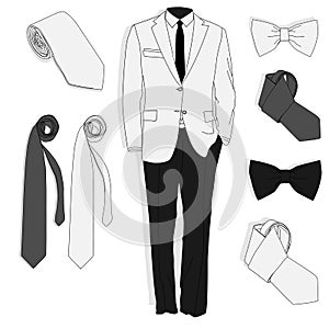 Men`s jacket. Ceremonial men`s suit, tuxedo. Accessories set. Ve