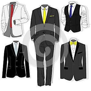 Men`s jacket. Ceremonial men`s suit, tuxedo. Accessories set. Ve