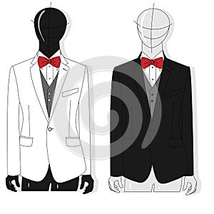 Men`s jacket. Ceremonial men`s suit, tuxedo. Vector illustration. Fashion collection