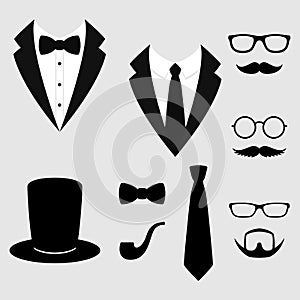 Men`s jackets. Tuxedo with mustaches, glasses, beard, pipe and top hat. Weddind suits with bow tie and with necktie. Vector icon.