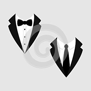 Men`s jackets. Tuxedo. Weddind suits with bow tie and necktie. Vector icon.