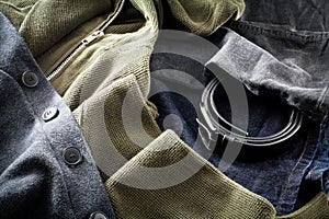 Men's jeans with belt and sweatshirts