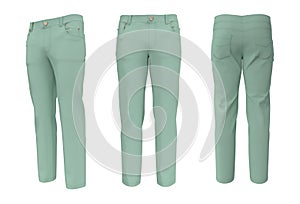 Men`s jeans in front, side and back views. 3d rendering, 3d illustration