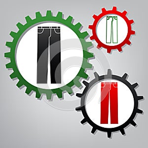 Men`s jeans or pants sign. Vector. Three connected gears with ic