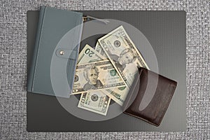 Men`s leather wallet with dollar bills. Women`s gray leather wallet.