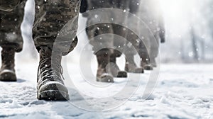 men& x27;s legs in ski pants and winter boots go through the snow close-up. for signage shop labels flyers advertising
