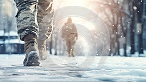 men& x27;s legs in ski pants and winter boots go through the snow close-up. for signage shop labels flyers advertising