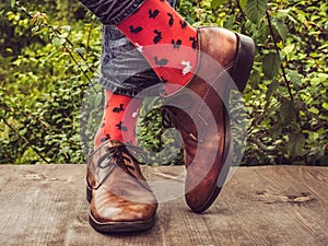 Men's legs in stylish shoes, bright, colorful socks