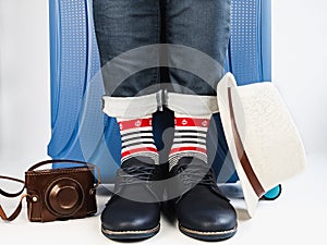 Men`s legs, trendy shoes and bright socks