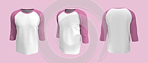 Men`s long-sleeve raglan t-shirt mockup in front, side and back views, design presentation for print, 3d illustration