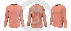 Men`s long-sleeve t-shirt mockup in front, side and back views, design presentation for print, 3d illustration