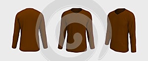 men`s long-sleeve t-shirt mockup in front, side and back views, design presentation for print, 3d illustration