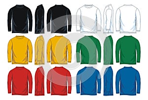 Men`s long sleeves round neck t-shirt templates. Front, side and back views.