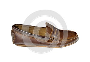 Men`s moccasin shoe in brown leather, isolated on a white background