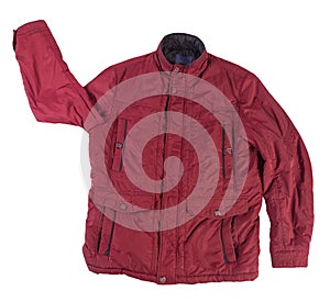 Men`s red jacket isolated on a white background. Windbreaker jacket top view