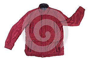 Men`s red jacket isolated on a white background. Windbreaker jacket top view
