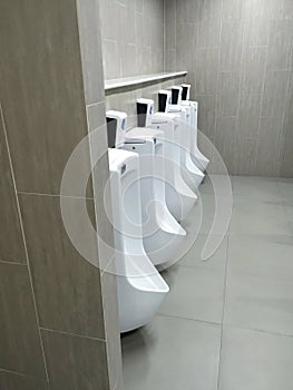 Men`s room with white porcelain urinals in line