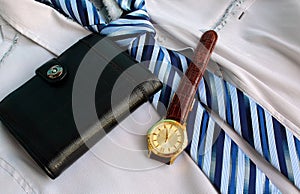 On a men`s shirt there is a purse, a watch, a tie