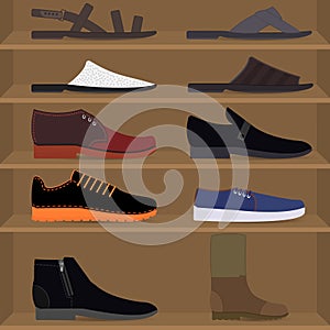 Men`s shoes on the shelves. Side view. Set with different types of men  fashion footwear.