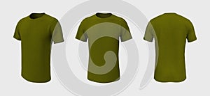 Men`s short-sleeve raglan t-shirt mockup in front, side and back views, design presentation for print, 3d illustration